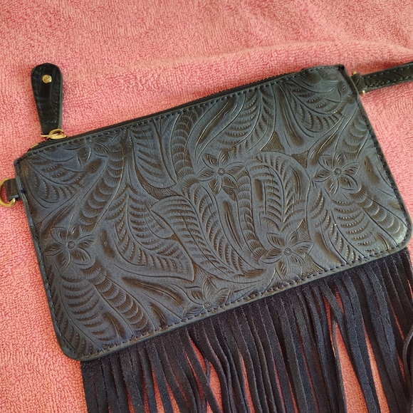 Free People Embossed Fringe Wristlet Clutch
